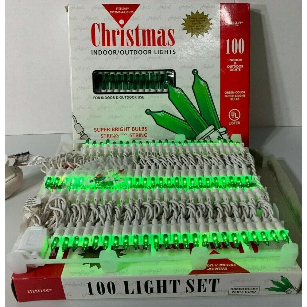 Everglow 100 Light Indoor / Outdoor Christmas String Lights Green Bulbs Lot of 2